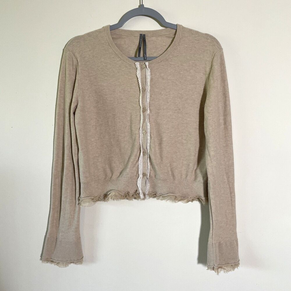 Anthropologie Women's Lace Trim Cardigan Sweater Size Large Tan Cashmere Cotton